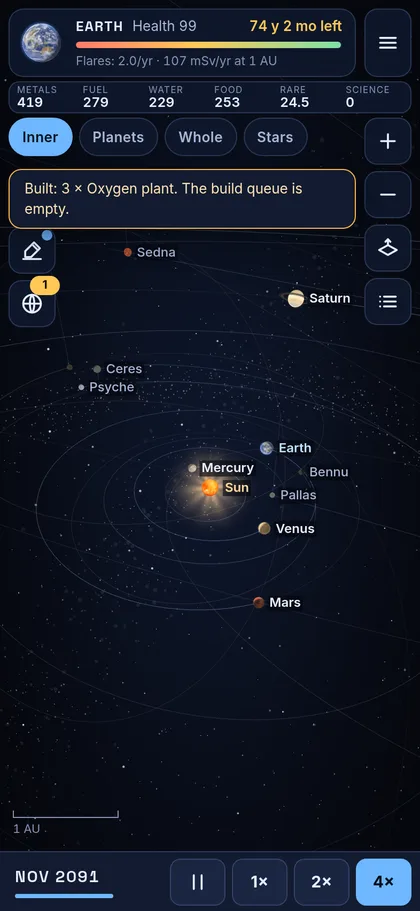 The star map: the Sun, the inner planets and Saturn on a 3D map, with a ship in flight